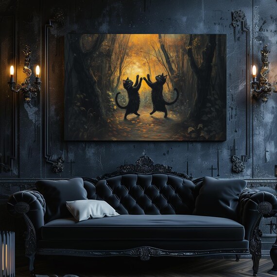 Black Cats Dancing in Enchanted Golden Autumn Forest Night Poster