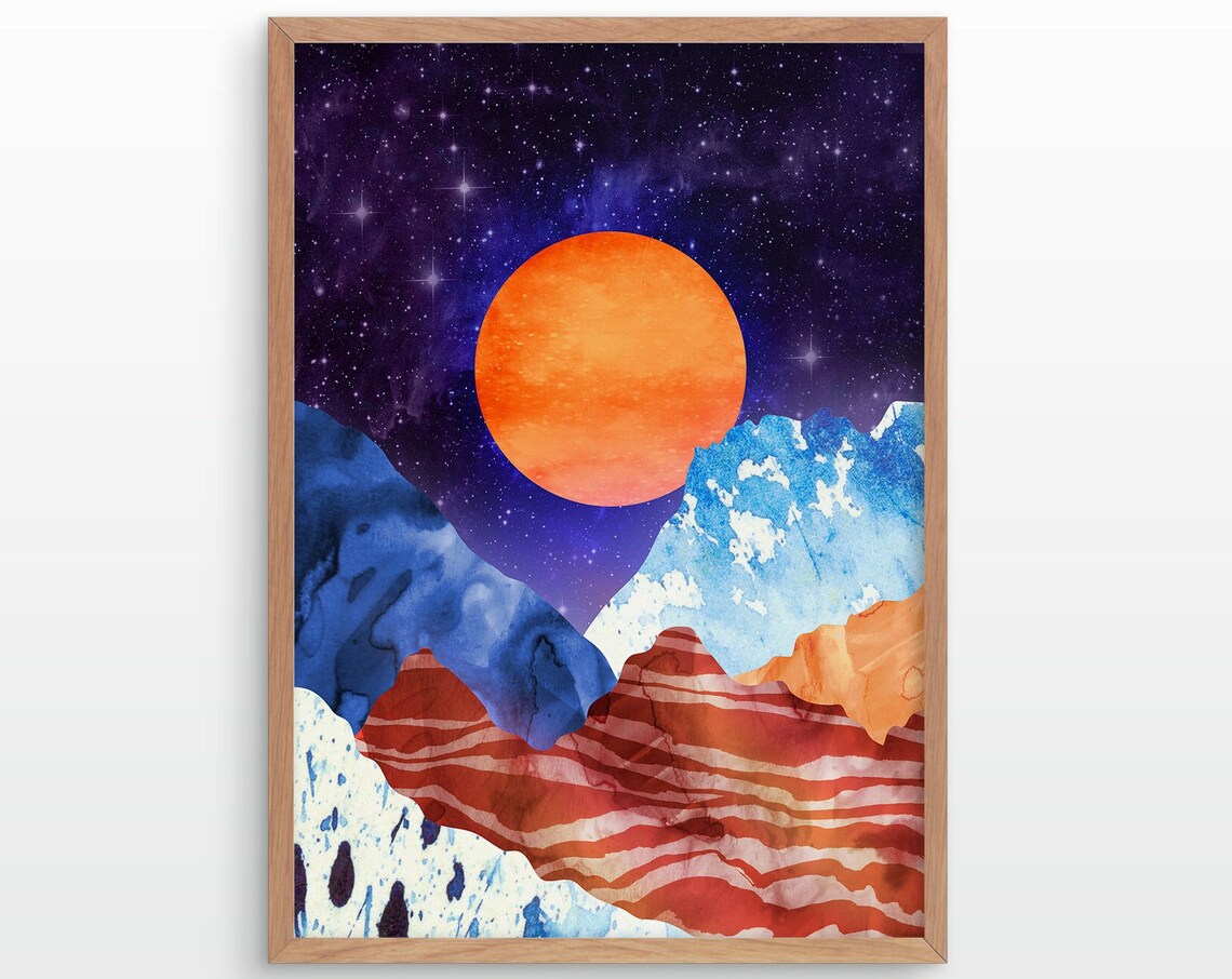Orange Moon Mountain Art Print, Desert Landscape