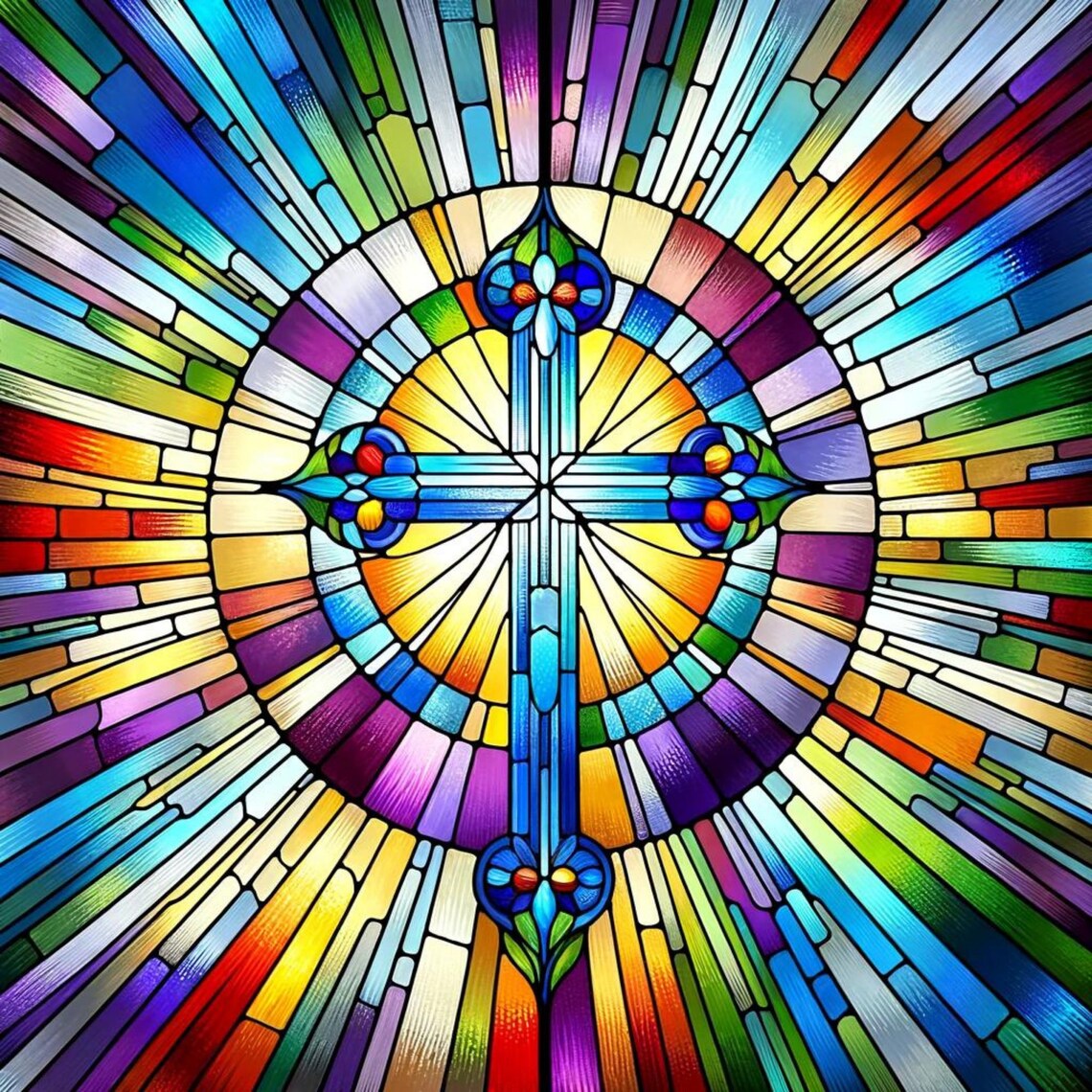 Rainbow Sunburst Cross Mandala Colorful Stained Glass Art Wall Art - Image 5