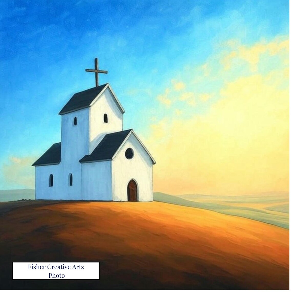 Little White Church on Golden Hill Glowing at Sunrise Wall Art - Image 4
