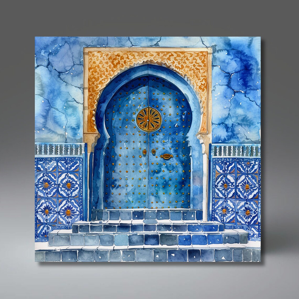 Watercolor Blue Moroccan Door Boho Wall Art Print