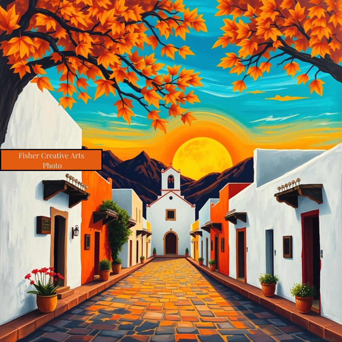 Mexican Village Sunset, Mountain Street Scene Art Print - Image 4