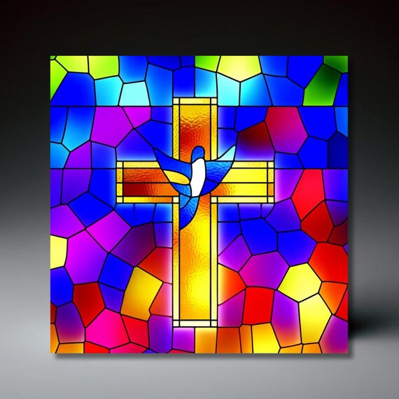 Golden Cross with White Dove Mosaic Stained Glass Faith Wall Art