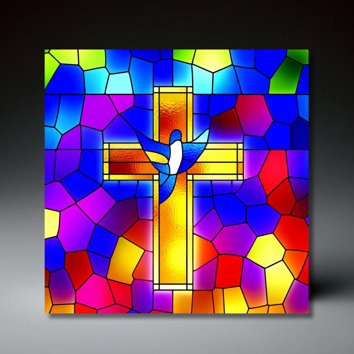 Golden Cross with White Dove Mosaic Stained Glass Faith Wall Art
