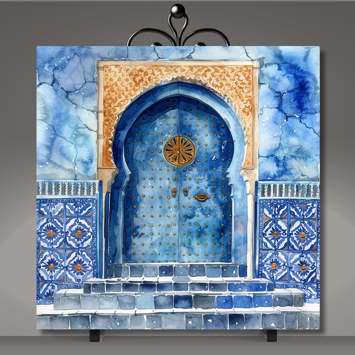 Watercolor Blue Moroccan Door Boho Wall Art Print - Image 5