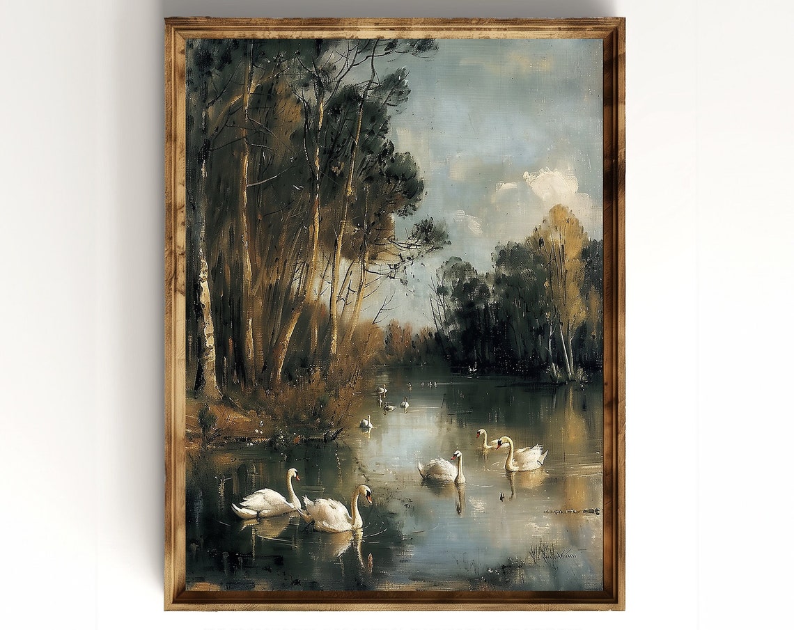 White Swans Gliding on a Forest River in Autumn Impressionist Poster