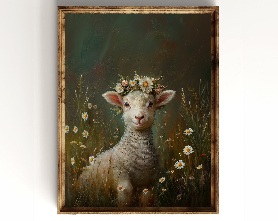 Baby Lamb Wearing Daisy Flower Crown in Spring Meadow Poster