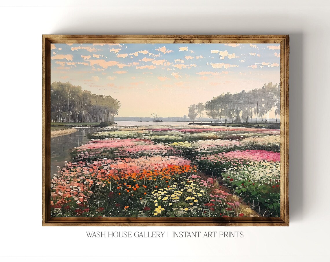 Colorful Flower Fields By a River Under a Wide Cloudy Sky Poster - Image 3