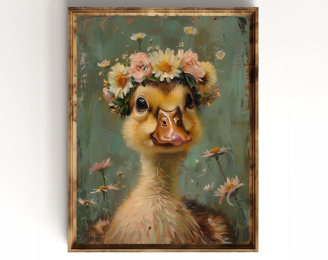 Funny Baby Duckling Wearing a Flower Crown with Tongue Out Poster