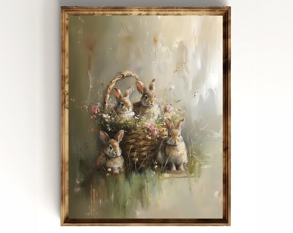 Easter Basket Wall Art For Cottagecore Kitchen Spring Bunny Wall Art For Nursery Baby Forest Animal Wall Art For Kid Room Bunny