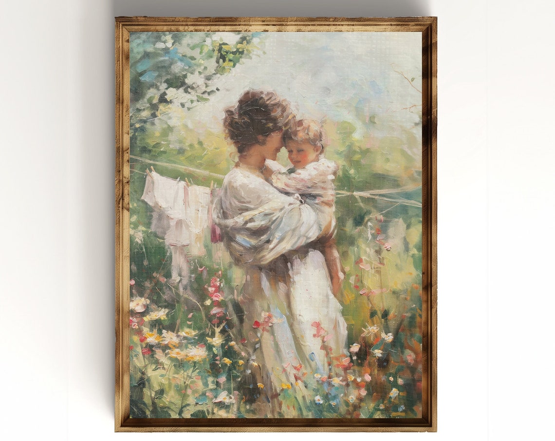 Motherhood Painting Print Cottagecore Mother And Child Painting Vintage Motherhood Art Print Cottagecore Laundry Room Wall Art
