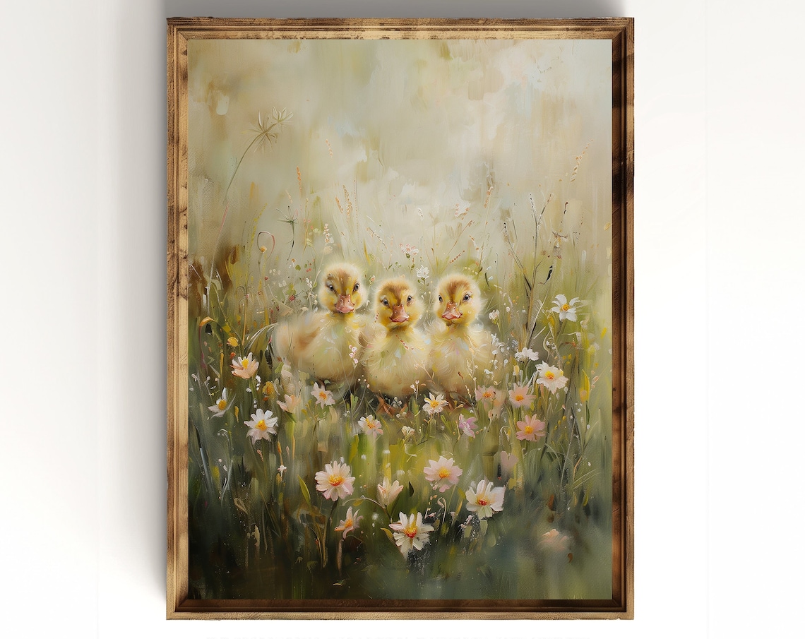 Three Baby Ducks In a Wildflower Meadow Soft Pastel Painting Poster