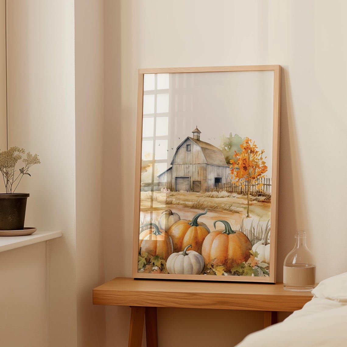 White Barn Pumpkins Autumn Watercolor Rustic Farmhouse Art Poster - Image 4