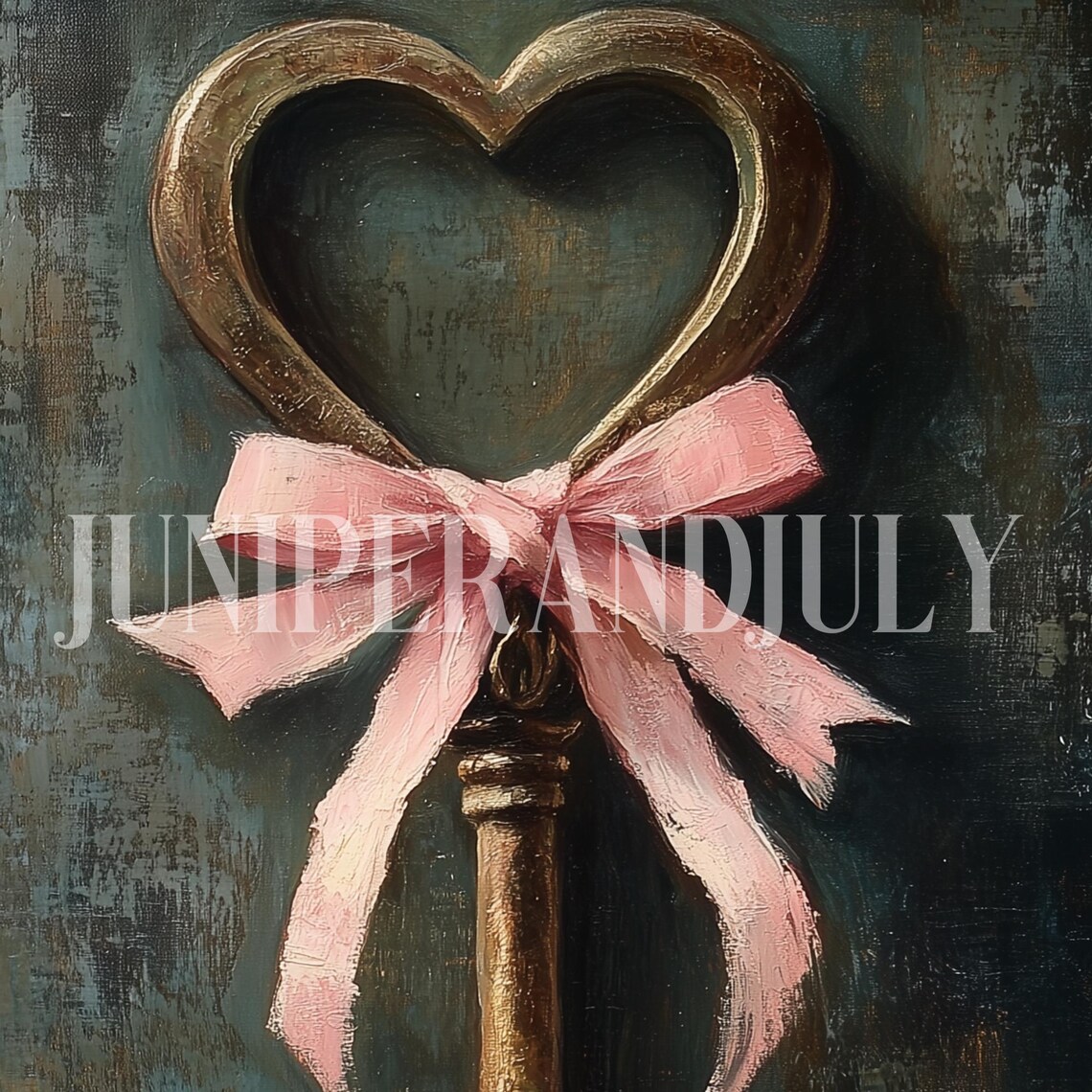 Vintage Heart Shaped Key Pink Bow Moody Oil Painting Art Poster - Image 7
