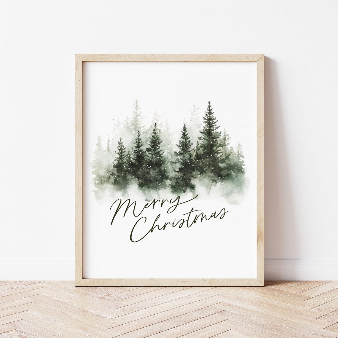 Misty Pine Forest Merry Christmas Watercolor Minimalist Poster - Image 3