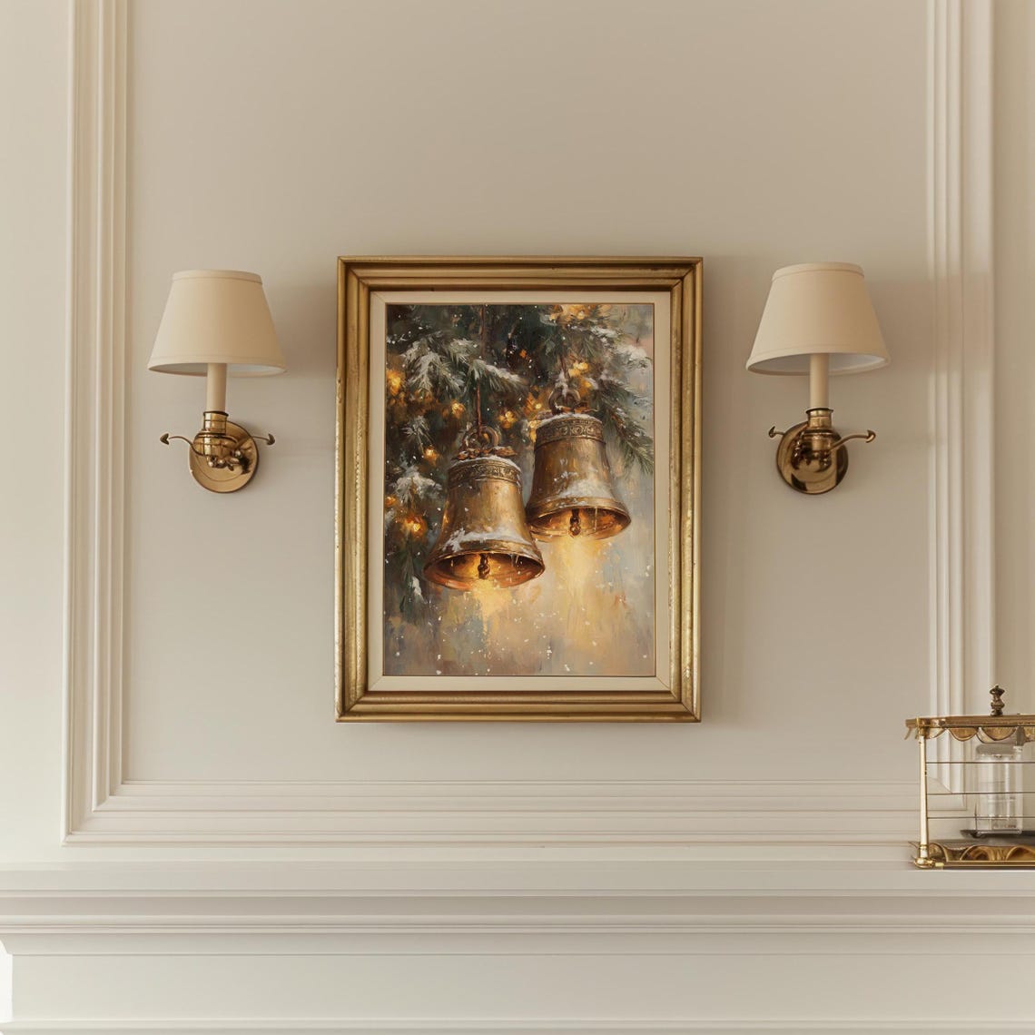 Bronze Christmas Bells on Snowy Pine Branches Moody Winter Poster - Image 3