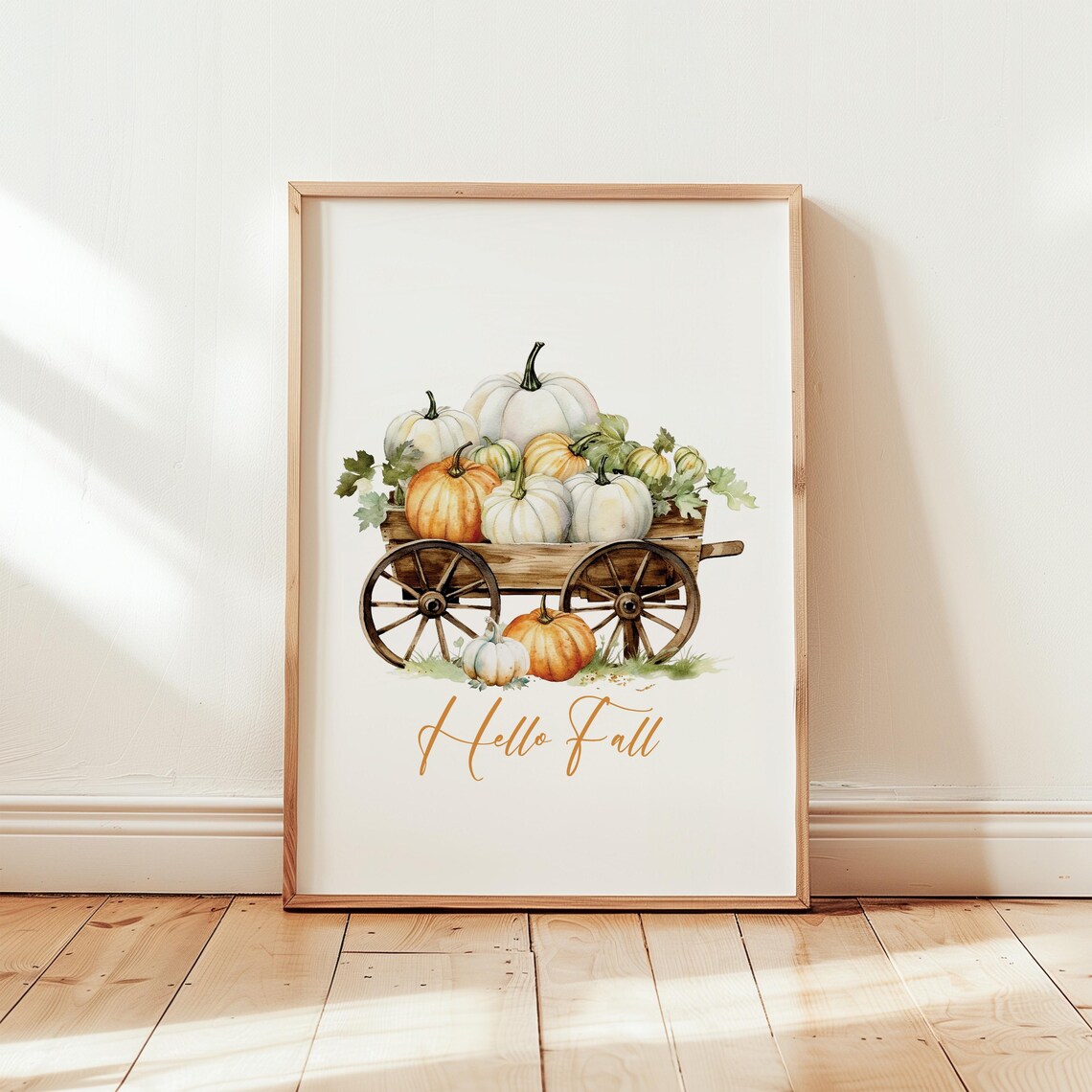 Hello Fall Pumpkin Wagon Watercolor Harvest Farmhouse Art Poster - Image 3