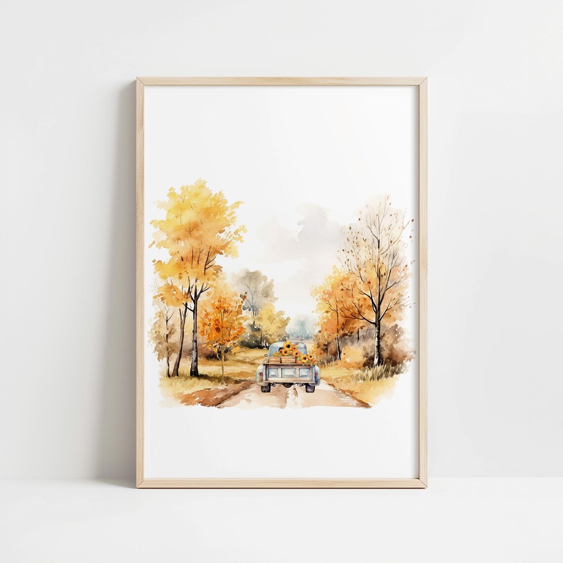 Vintage Blue Truck Sunflowers Autumn Trees Rustic Road Art Poster - Image 3
