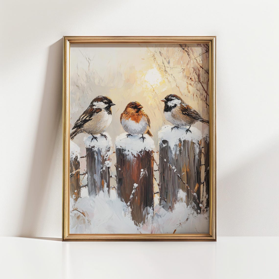 Three Winter Birds on Snowy Fence Posts Golden Light Bird Poster - Image 4