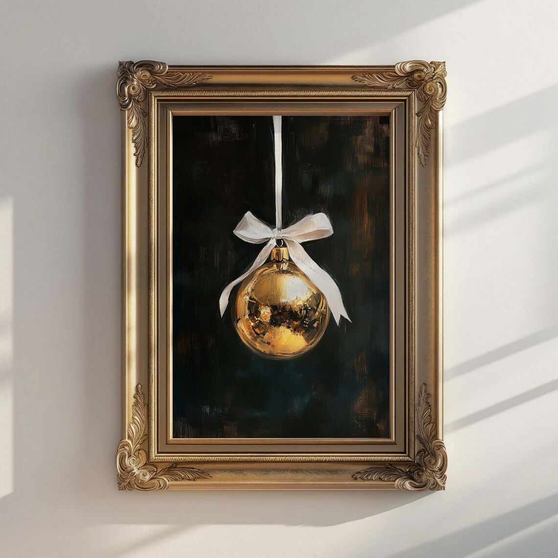 Gold Christmas Ornament with White Bow on Black Moody Poster