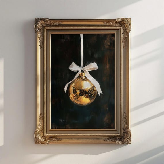Gold Christmas Ornament Print Rustic Holiday Art Vintage Christmas Moody Christmas Prints Dark Holiday Wall Decor