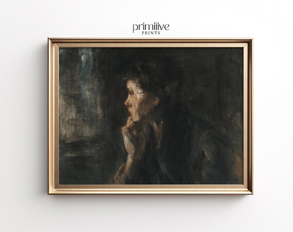 Woman in Dark Profile Moody Shadowy Portrait Oil Painting Poster