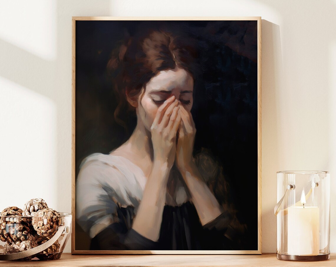 Grieving Woman in Prayer Dark Classical Oil Painting Portrait Poster - Image 2
