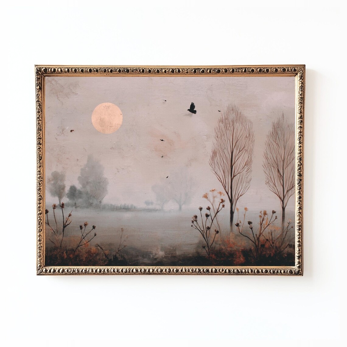 Misty Moon Forest, Minimalist Landscape Art Print