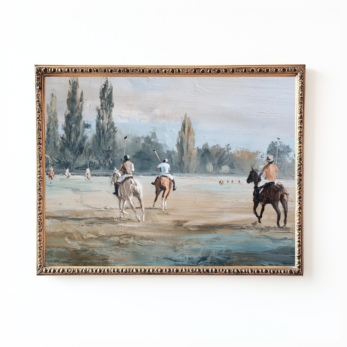 Vintage Polo Match Impressionist Riders Pastel Painting Wall Art