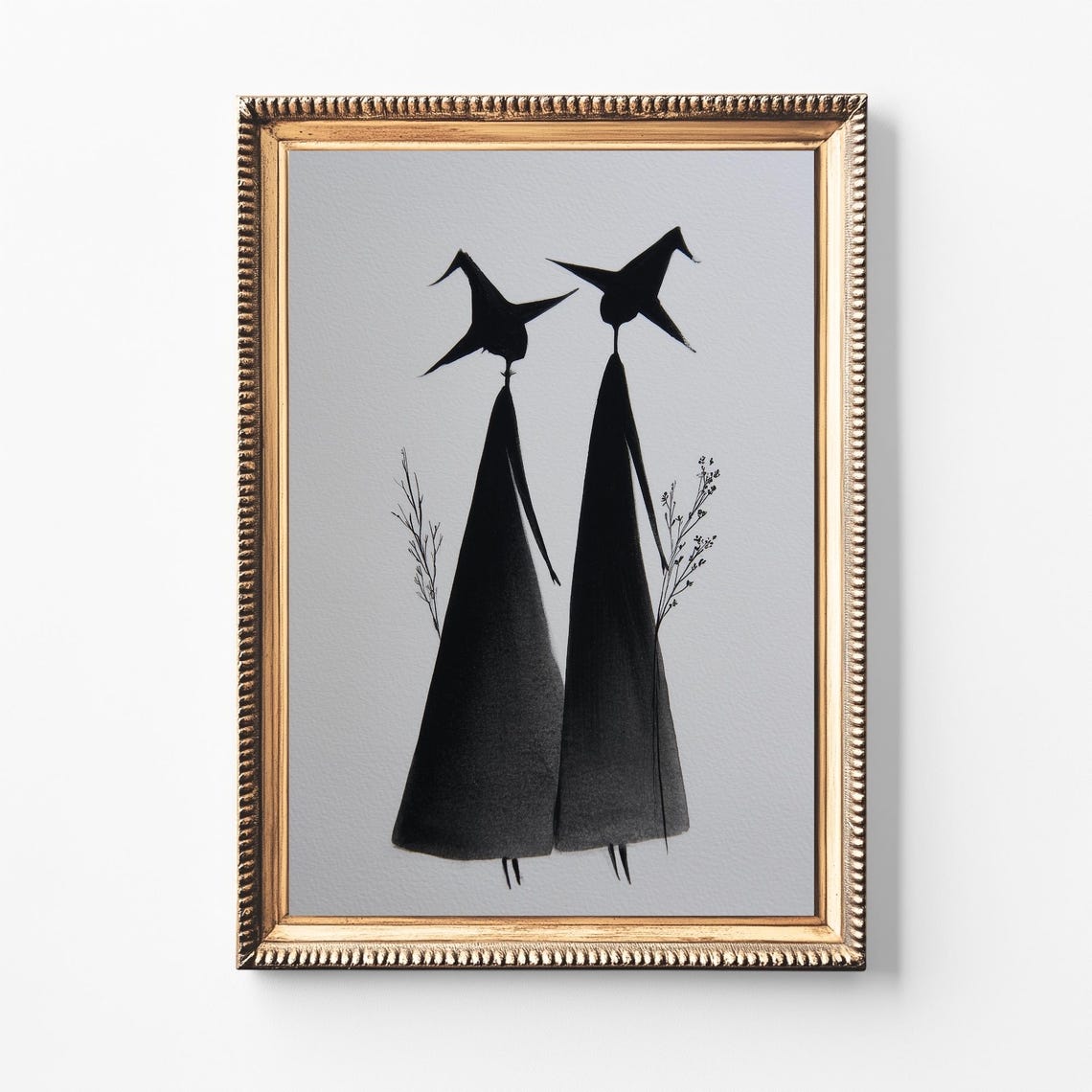 Minimalist Witch Silhouette Pair Halloween Watercolor Art Poster