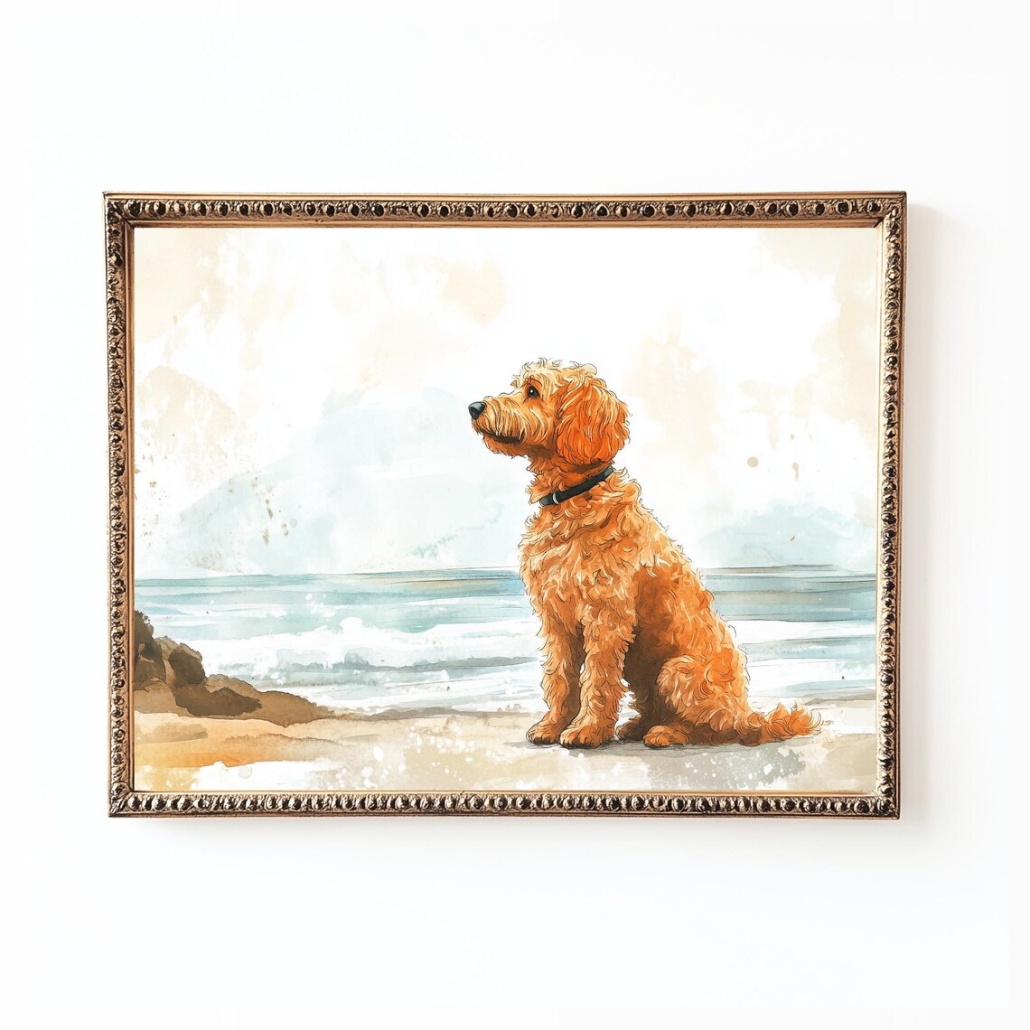 Watercolor Labradoodle Beach Portrait, Dog Art Print