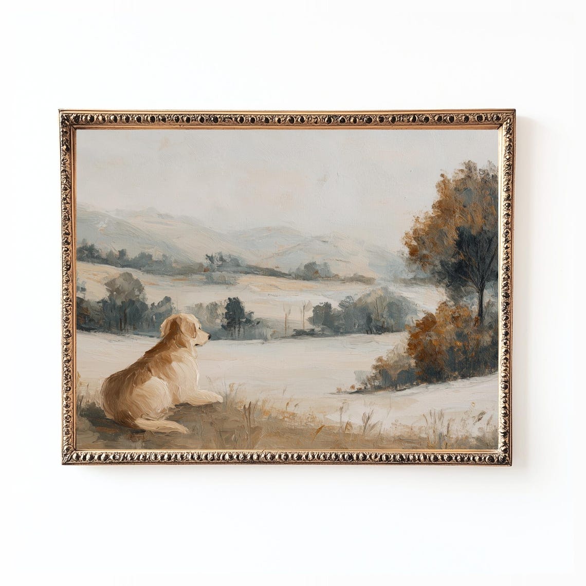Golden Retriever Gazing Over Rolling Hills Vintage Landscape Poster