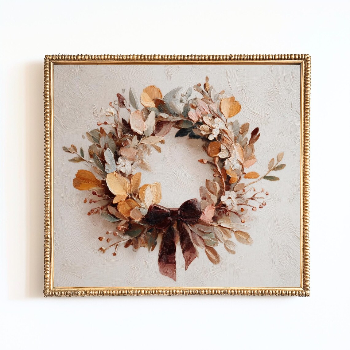 Neutral Autumn Leaf Wreath With Velvet Bow Fall Farmhouse Wall Art