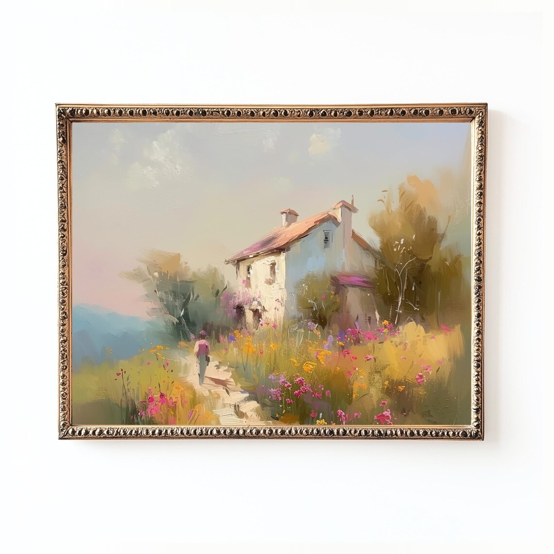French Countryside Vintage Cottage Landscape Art Print