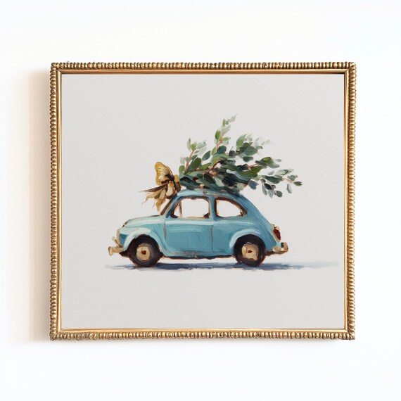 Small Vintage Blue Car Christmas Tree Roof Retro Holiday Wall Art