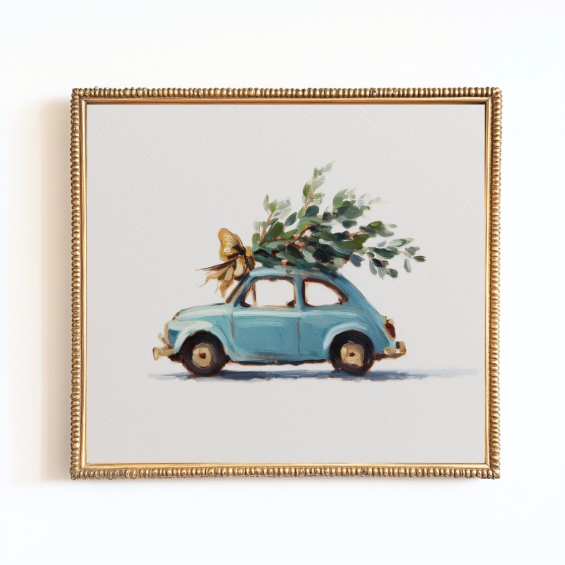 Small Vintage Blue Car Christmas Tree Roof Retro Holiday Wall Art