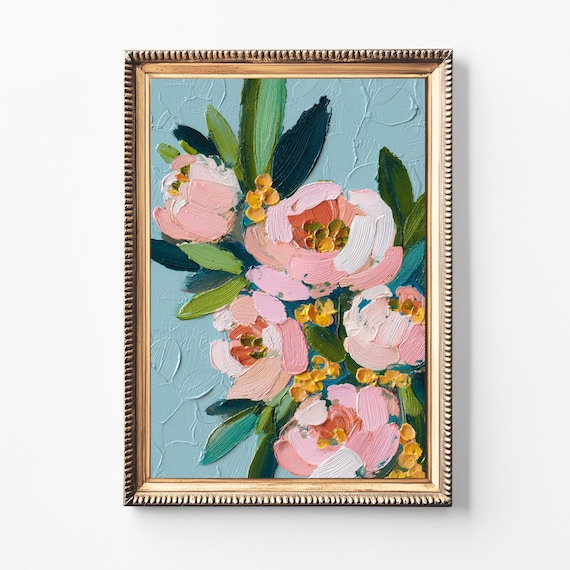 Blush Pink Peony Oil Painting Vintage Floral Impasto Wall Art