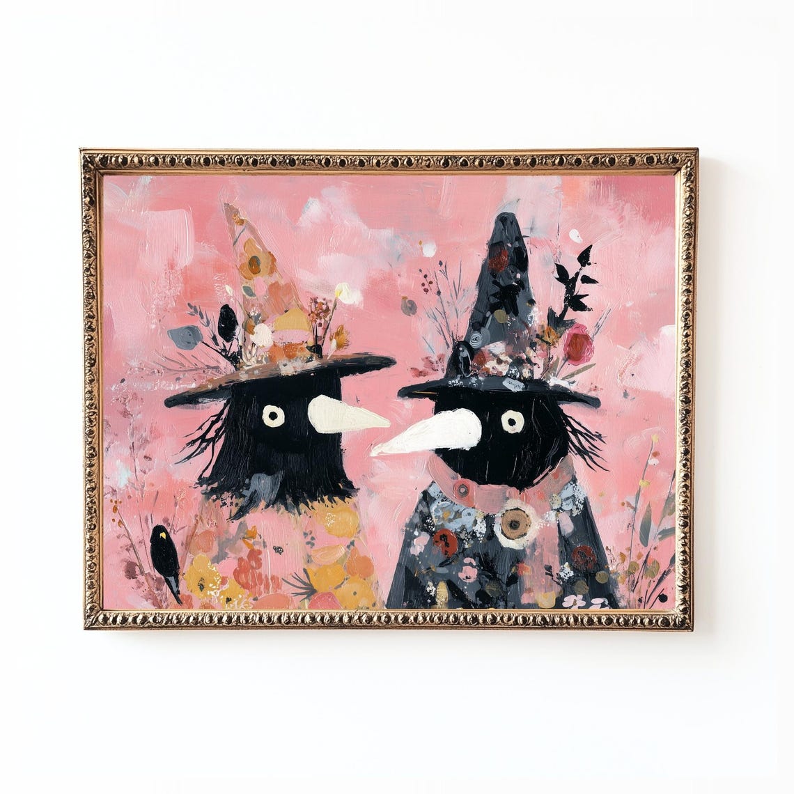 Two Crows in Witch Hats Whimsical Pink Halloween Floral Wall Art