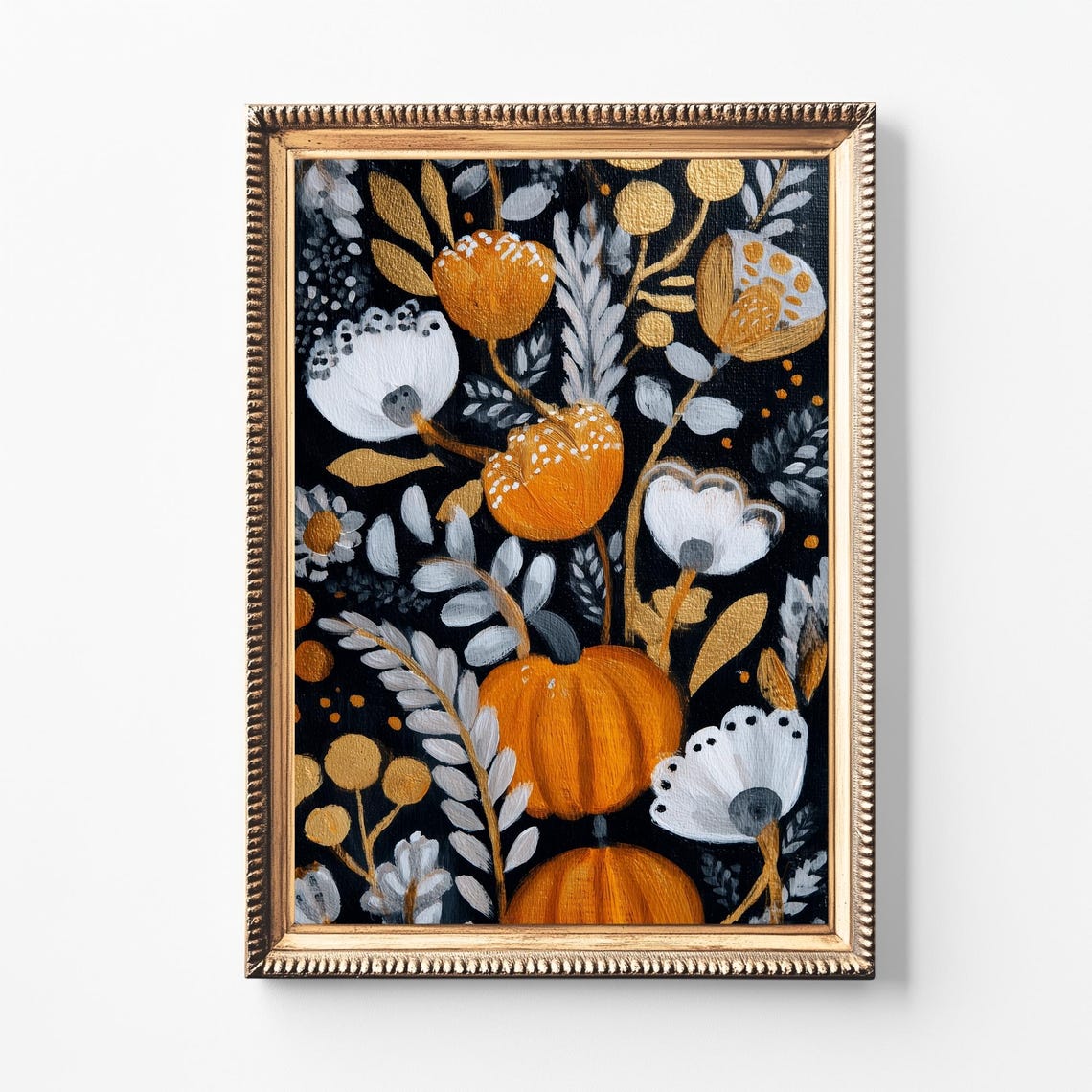 Orange Pumpkins Gold Botanical Black Fall Harvest Art Poster