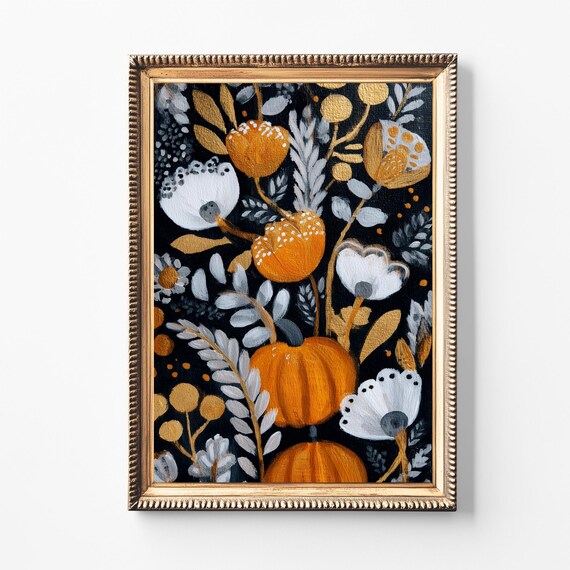 Pumpkin Floral Print Neutral Autumn Botanical Wall Art