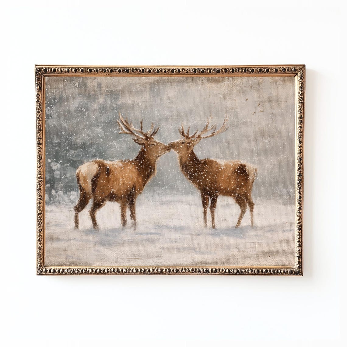 Kissing Deer Winter Scene Rustic Cabin Holiday Art