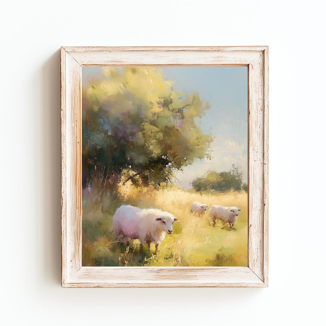 Three Sheep Grazing in a Sunlit Meadow Impressionist Pastoral Poster