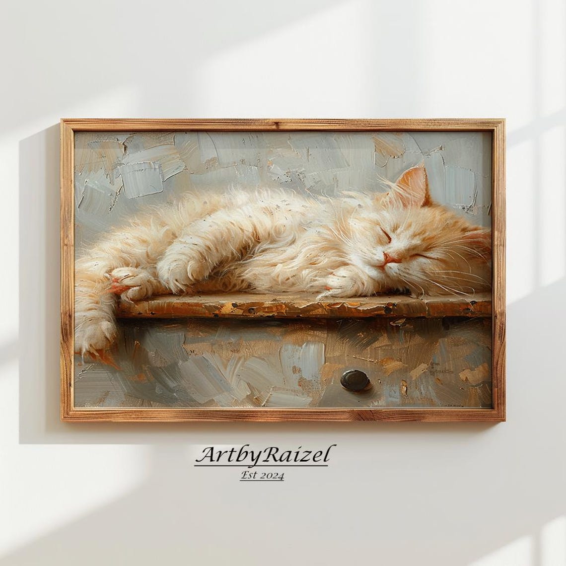 Sleeping Fluffy Cat On A Wooden Drawer Rustic Cozy Art Poster
