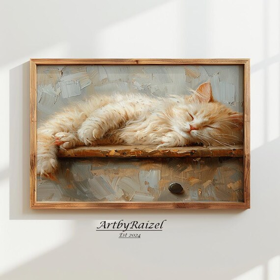 Sleeping Fluffy Cat On A Wooden Drawer Rustic Cozy Art Poster