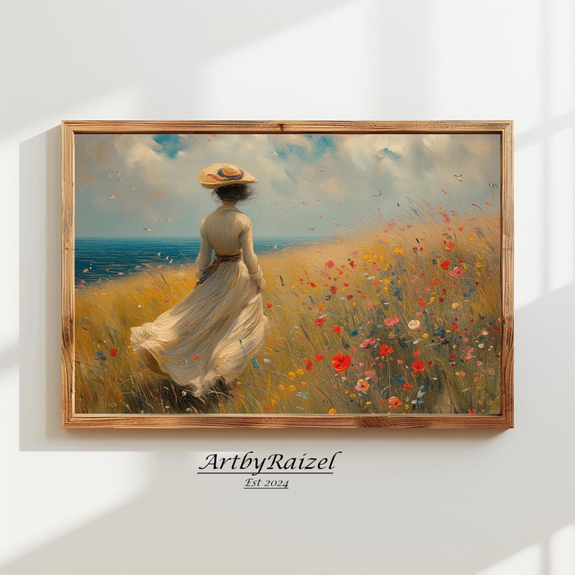 Woman Walking Coastal Wildflower Meadow Vintage Ocean Poster