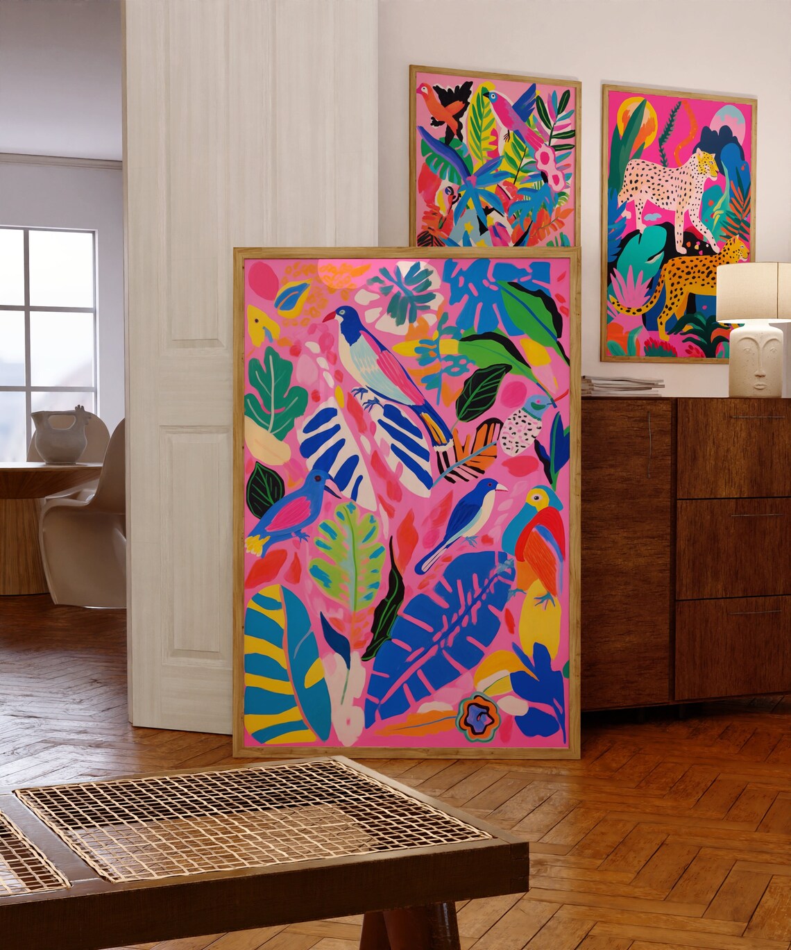Maximalist Tropical Birds Art Print, Trendy Dopamine Decor
