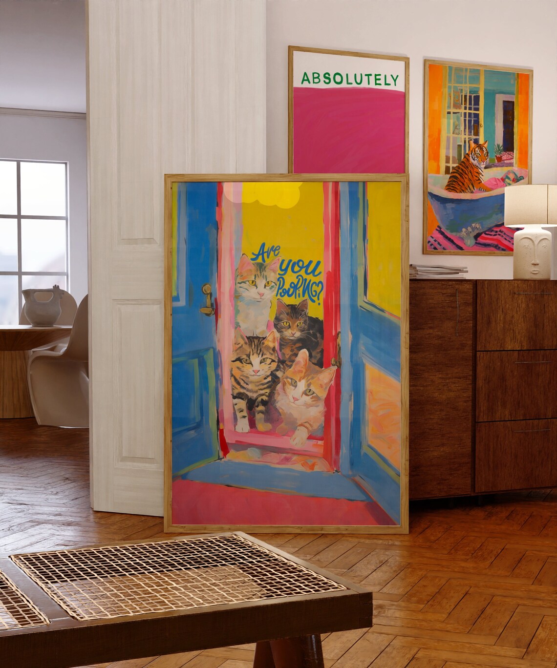 Funny Cat Bathroom Decor, Maximalist Poster Print