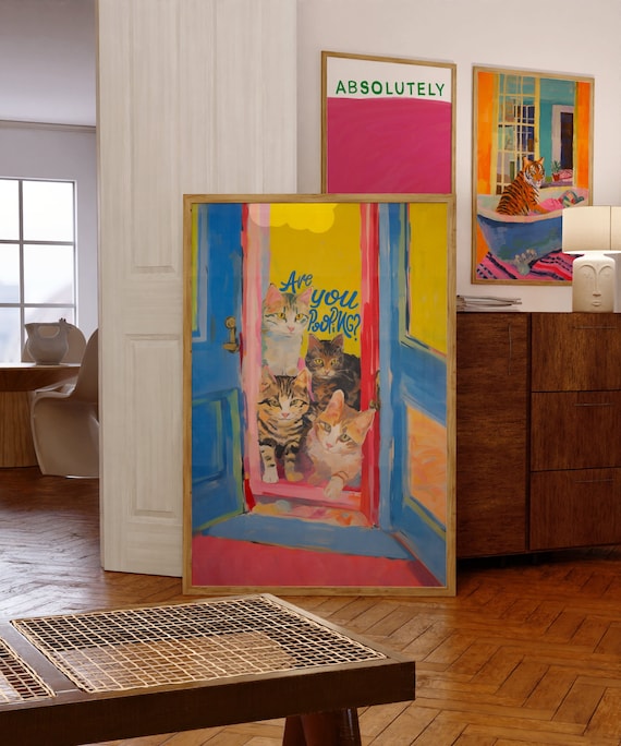 Funny Cat Bathroom Decor, Maximalist Poster Print