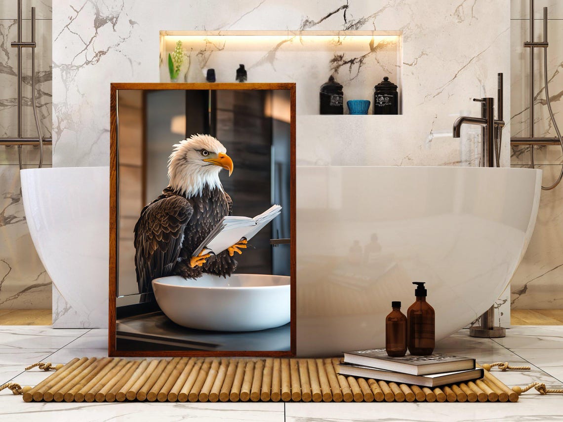 Bald Eagle Perched on a Bathroom Sink Reading a Newspaper Poster - Image 5