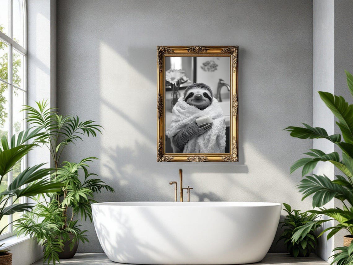 Sloth Wrapped in a Fluffy Towel Holding a Bar of Soap Poster - Image 3